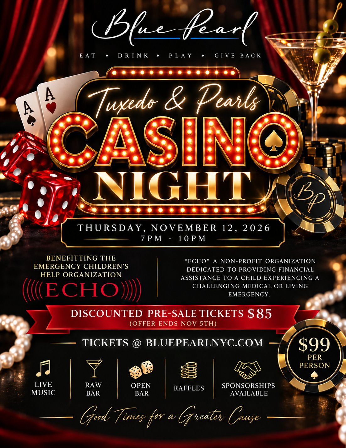Tuxedo and Pearls Casino Night at Blue Pearl, Thursday November 12, 2026, 7PM to 10PM, benefitting ECHO