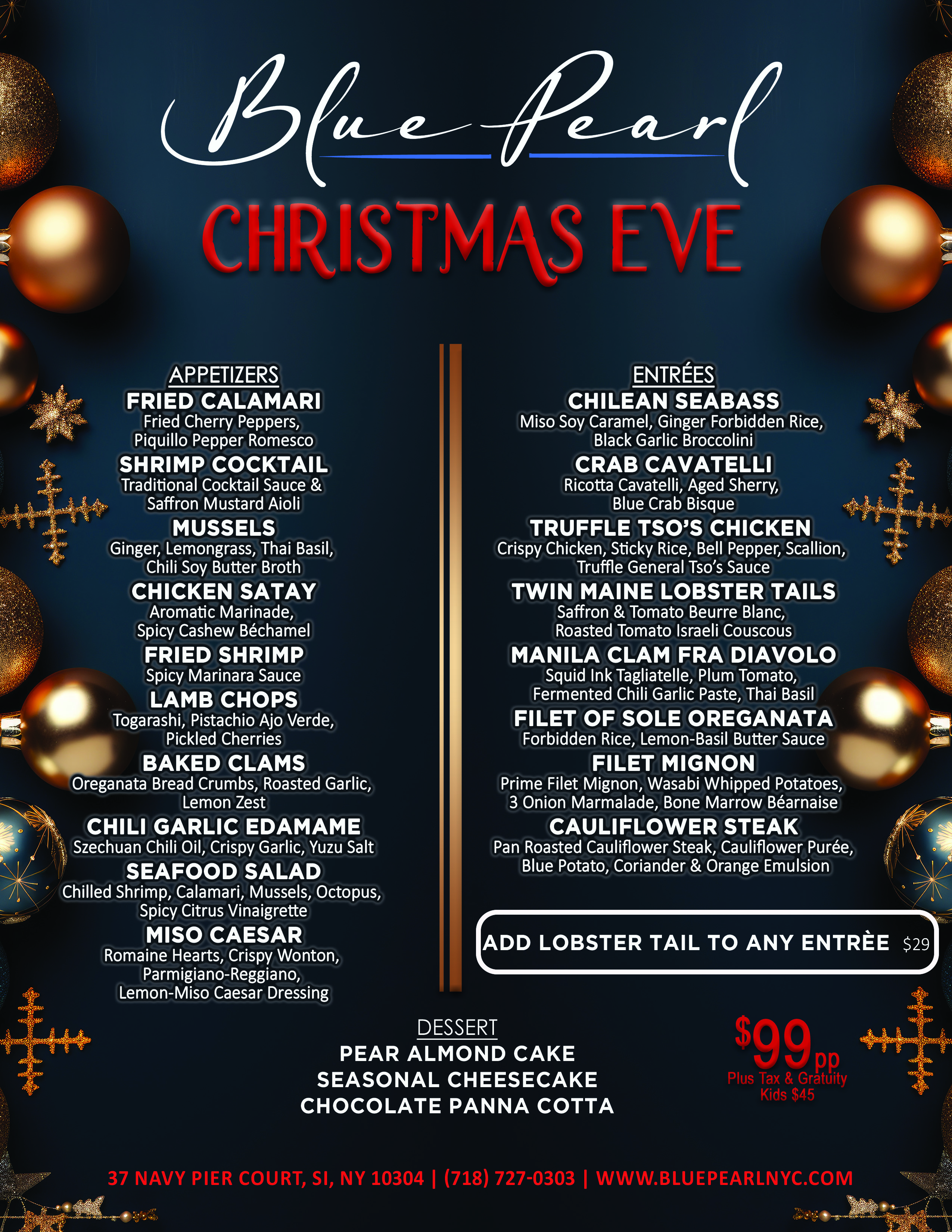 Blue Pearl Christmas Eve 2026 menu, $99 per person plus tax and gratuity, kids $45